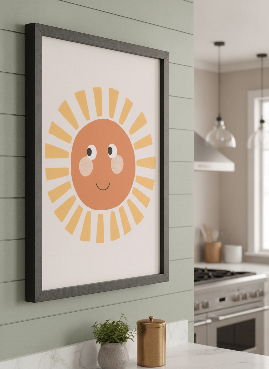 Artwork styled on the wall of a bright modern kitchen