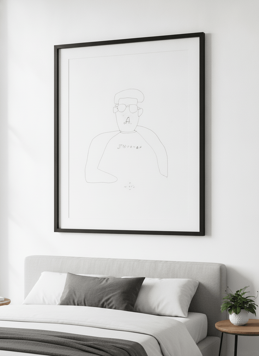 Minimalist artwork displayed in a calm, light-filled bedroom interior