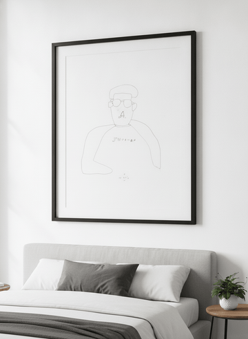 Minimalist artwork displayed in a calm, light-filled bedroom interior