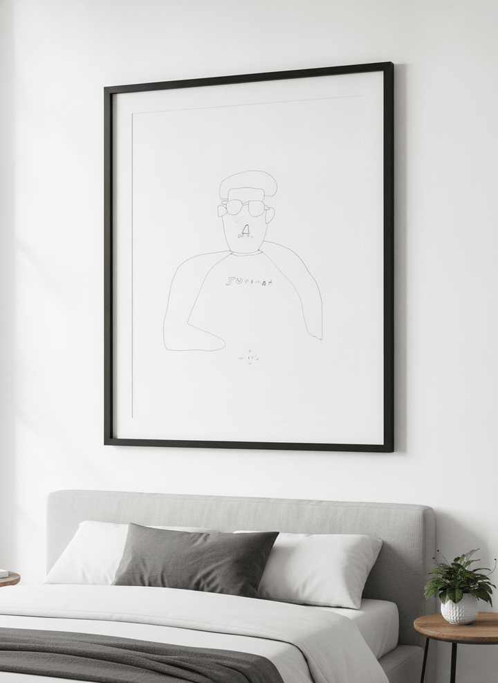 Minimalist artwork displayed in a calm, light-filled bedroom interior