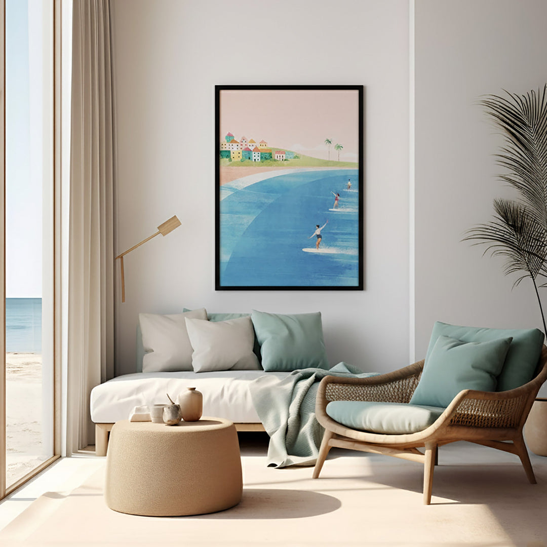 Modern living room with a beach-themed painting on the wall