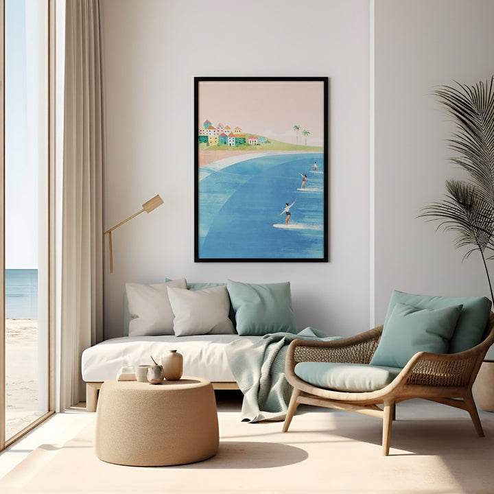 Modern living room with a beach-themed painting on the wall