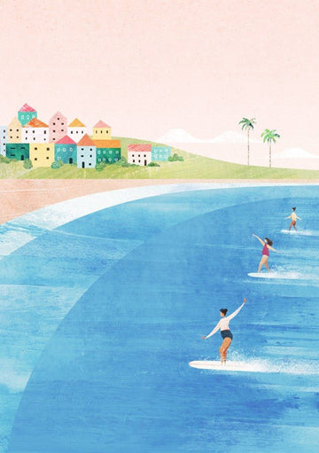 Illustration of people surfing on a blue ocean with a colorful coastal town in the background. framed