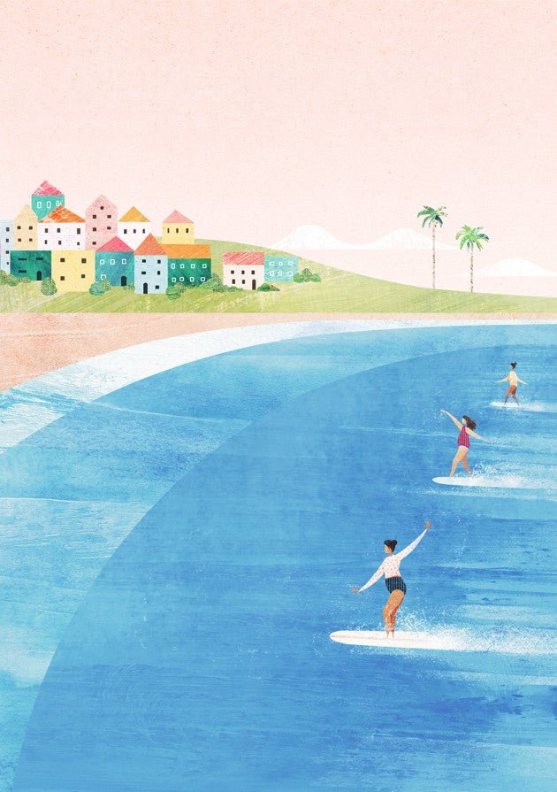 Illustration of people surfing on a blue ocean with a colorful coastal town in the background. framed
