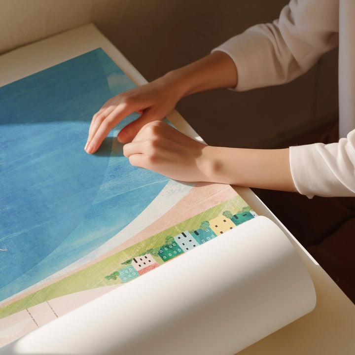Person working on a puzzle with a scenic design