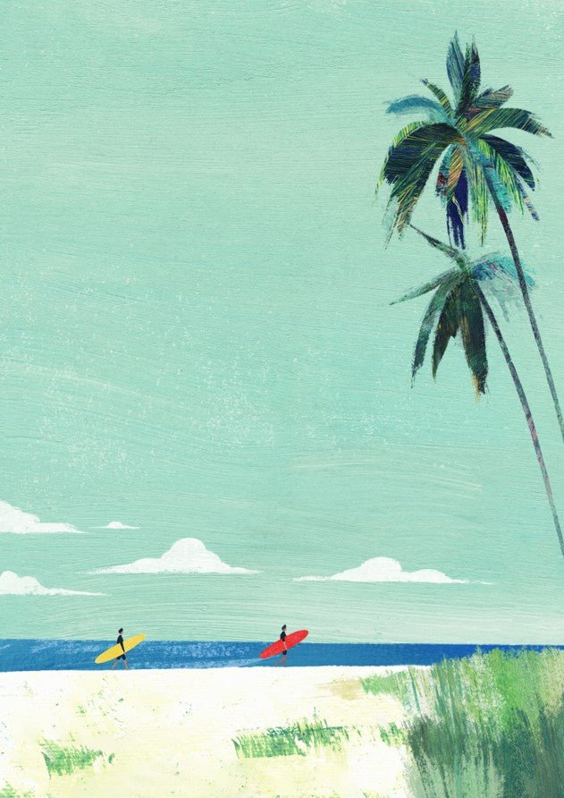 Two surfers with their boards on a beach under palm trees against a light blue sky. framed