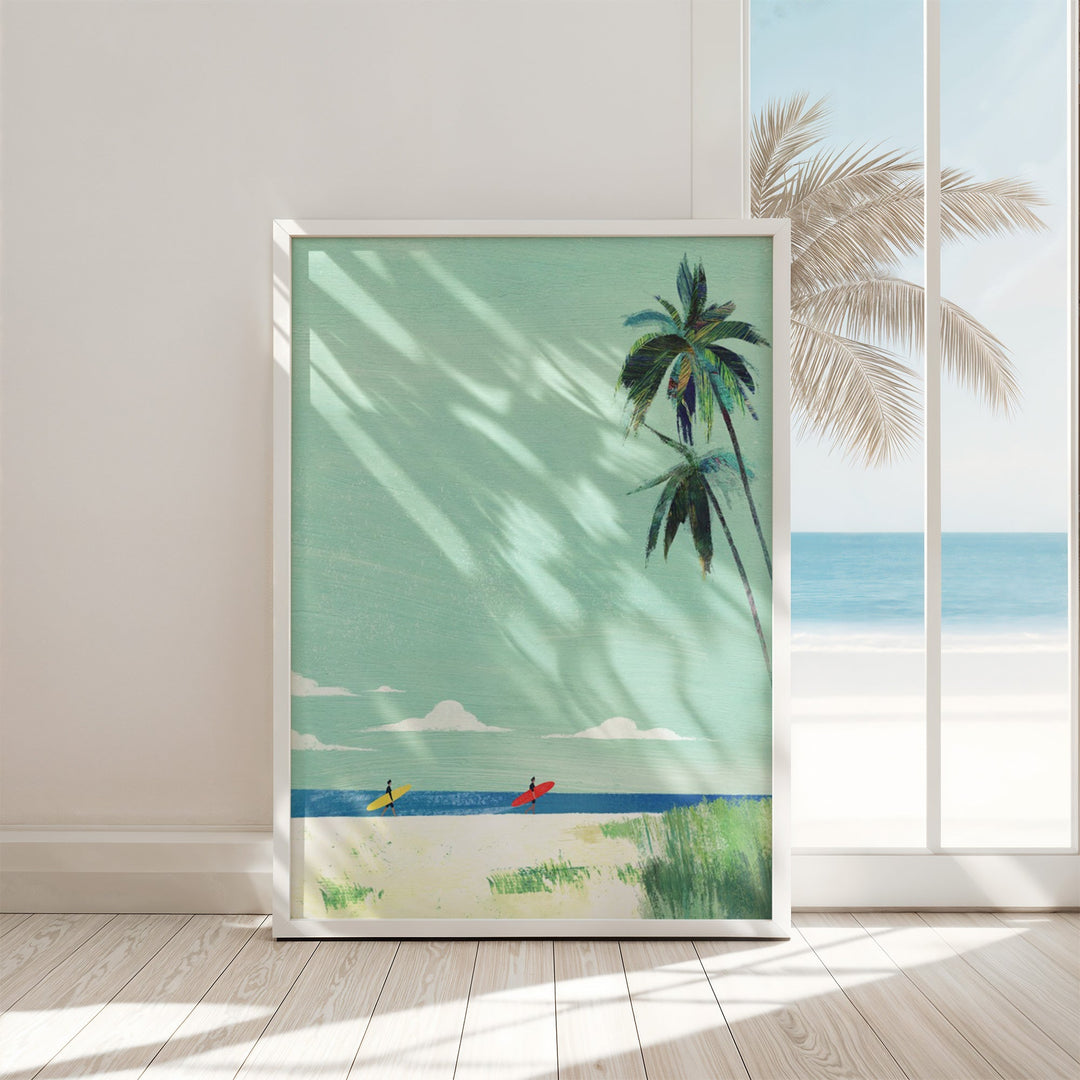 Artwork of a tropical beach scene with palm trees and people in boats, displayed on a wall.