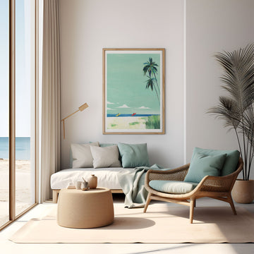 Modern living room with a beach-themed painting, sofa, and armchair.