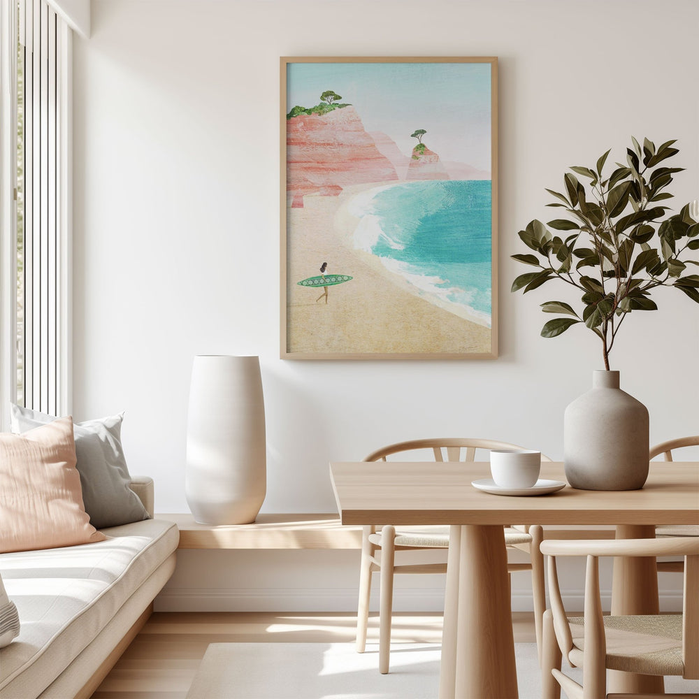 Modern living room with a beach-themed painting, white vase, and wooden table.