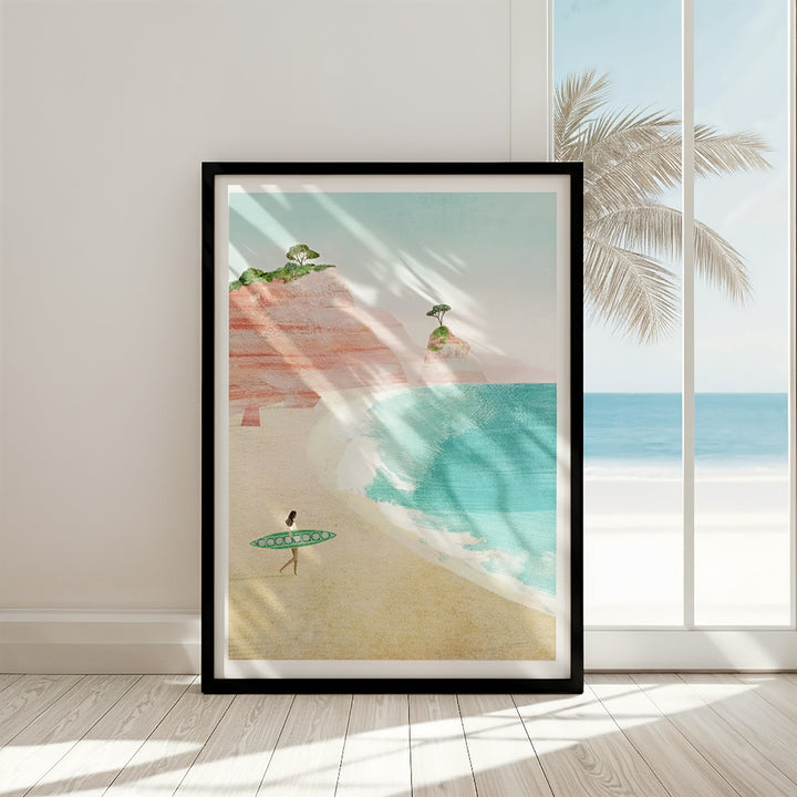 Artwork of a beach scene with a person holding a surfboard, palm trees, and ocean.