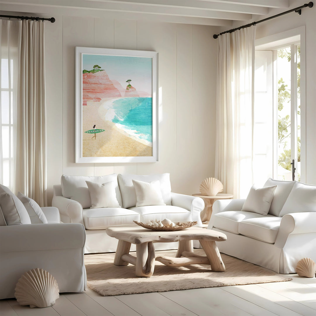 Living room with white furniture, a beach-themed painting, and decorative items.