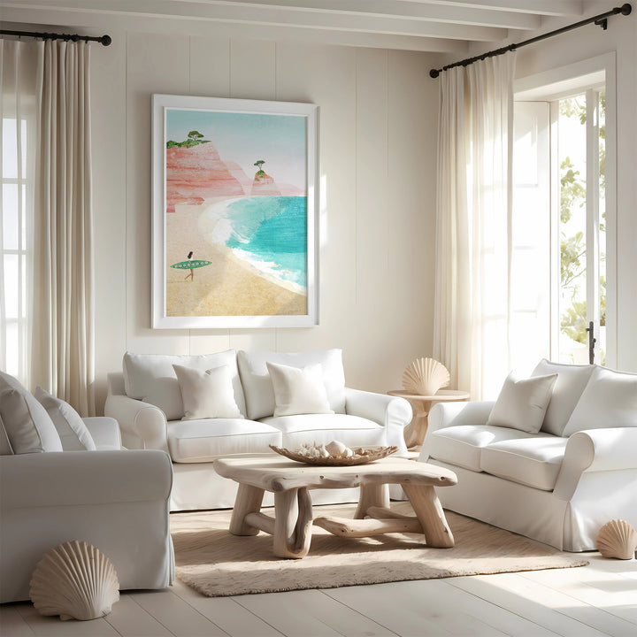 Living room with white furniture, a beach-themed painting, and decorative items.
