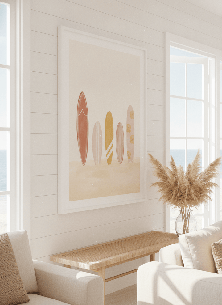 Neutral wall art displayed in a sunny coastal beach house