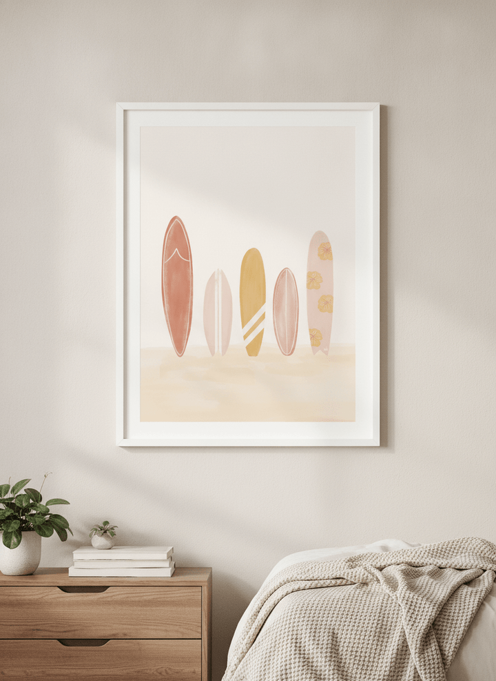 Minimalist artwork displayed in a calm, light-filled bedroom interior