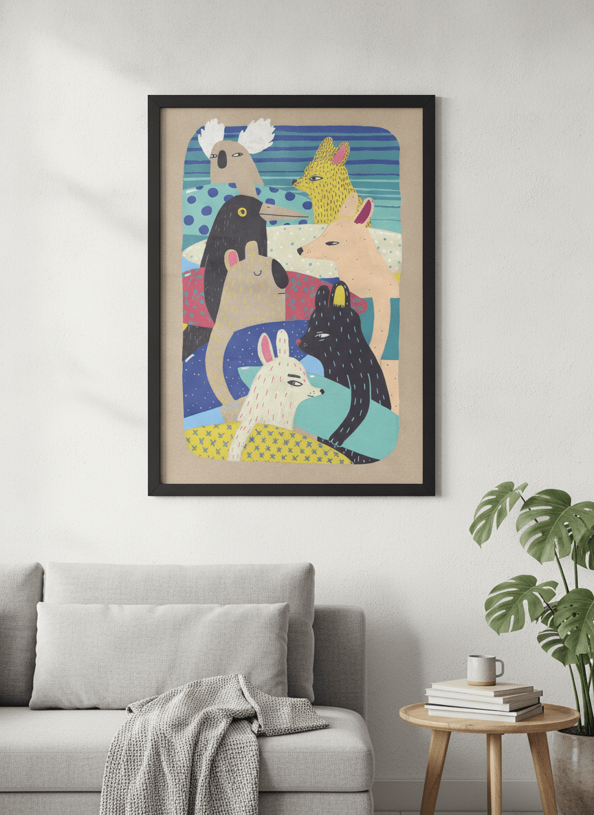 Modern wall art styled above a sofa in a neutral living room
