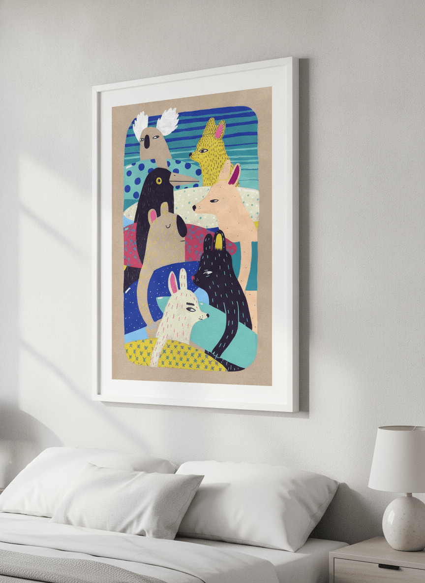 Minimalist artwork displayed in a calm, light-filled bedroom interior