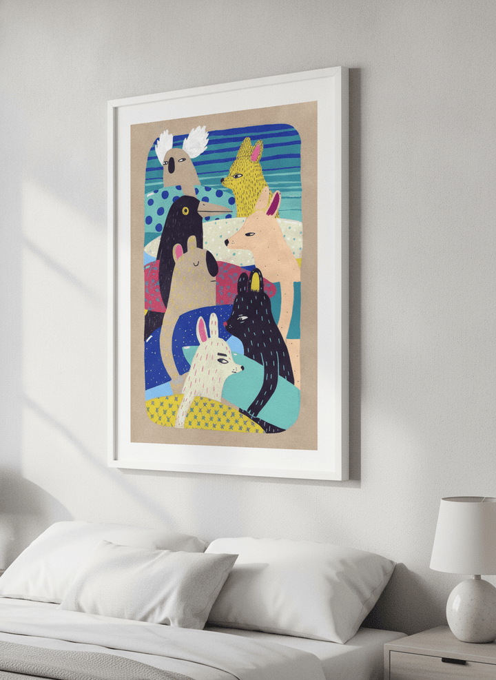 Minimalist artwork displayed in a calm, light-filled bedroom interior