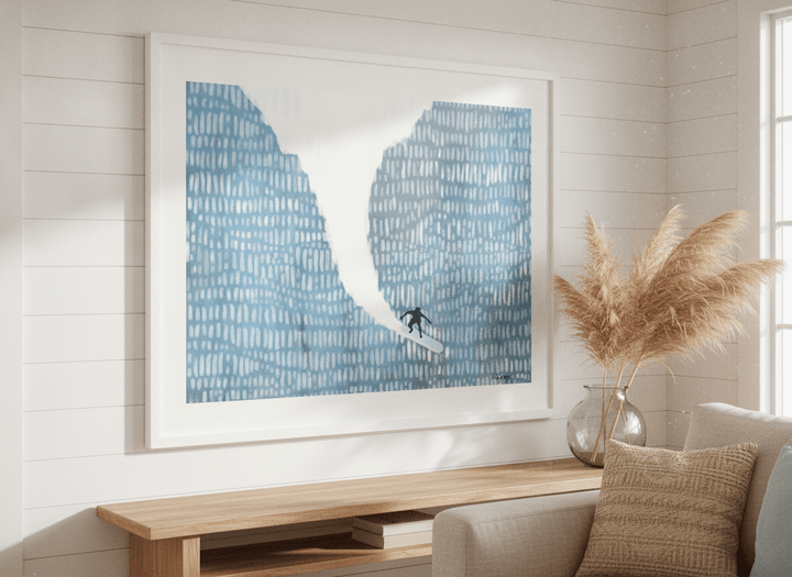 Neutral wall art displayed in a sunny coastal beach house
