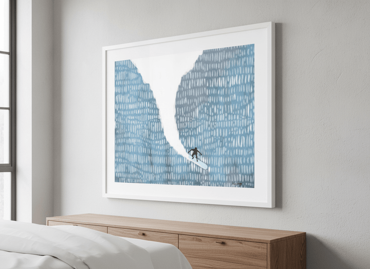 Minimalist artwork displayed in a calm, light-filled bedroom interior