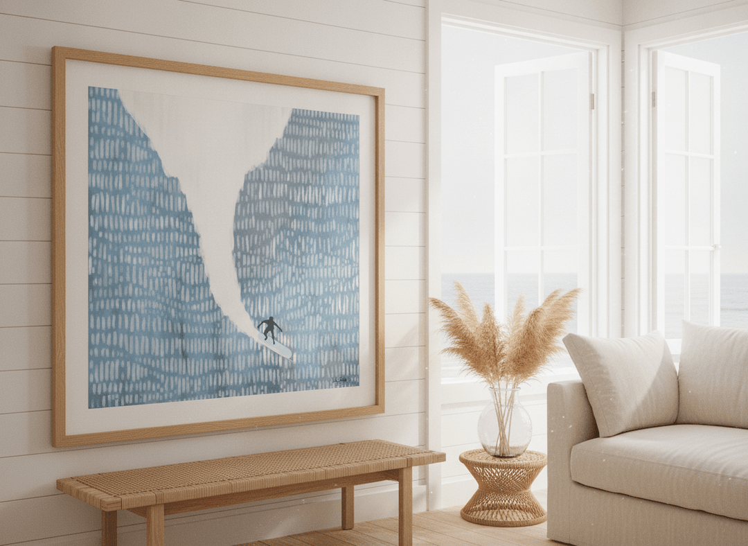 Neutral wall art displayed in a sunny coastal beach house