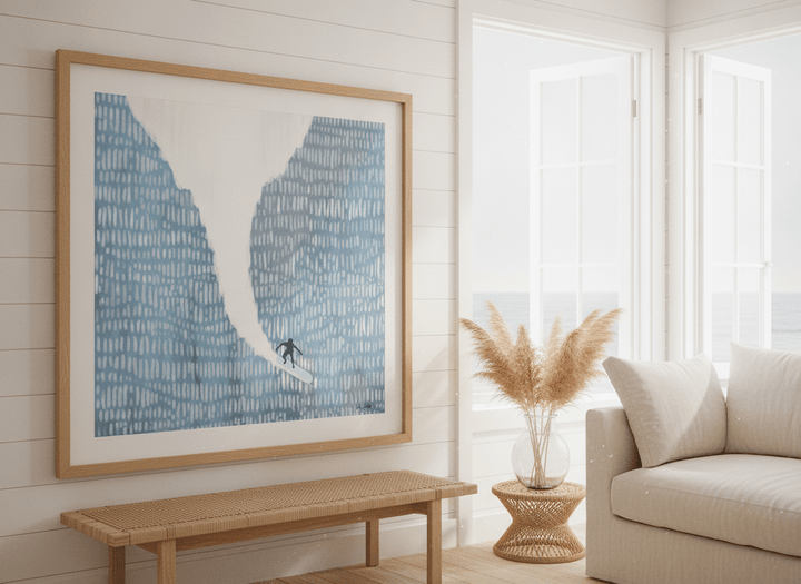 Neutral wall art displayed in a sunny coastal beach house