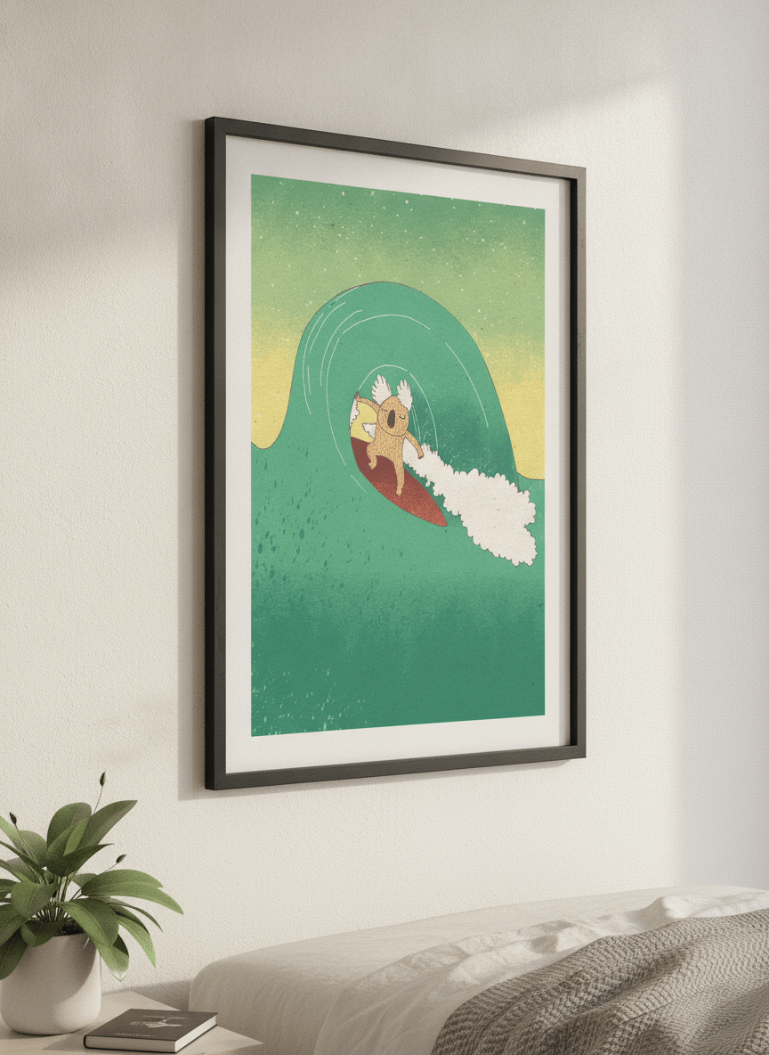 Minimalist artwork displayed in a calm, light-filled bedroom interior