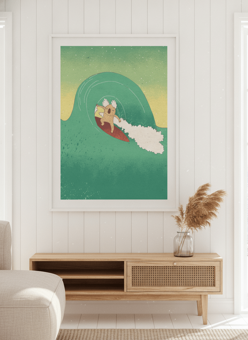 Neutral wall art displayed in a sunny coastal beach house