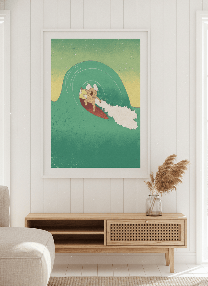 Neutral wall art displayed in a sunny coastal beach house