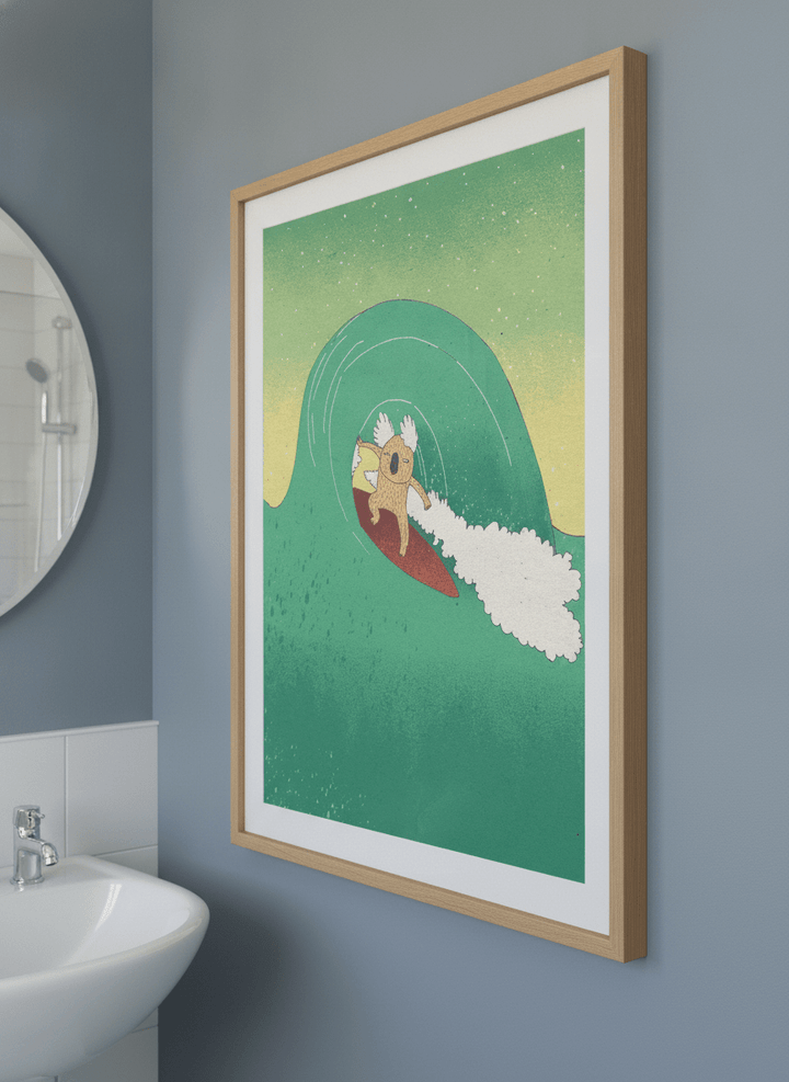 Modern print displayed in a clean minimalist bathroom setting
