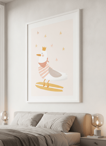 Minimalist artwork displayed in a calm, light-filled bedroom interior