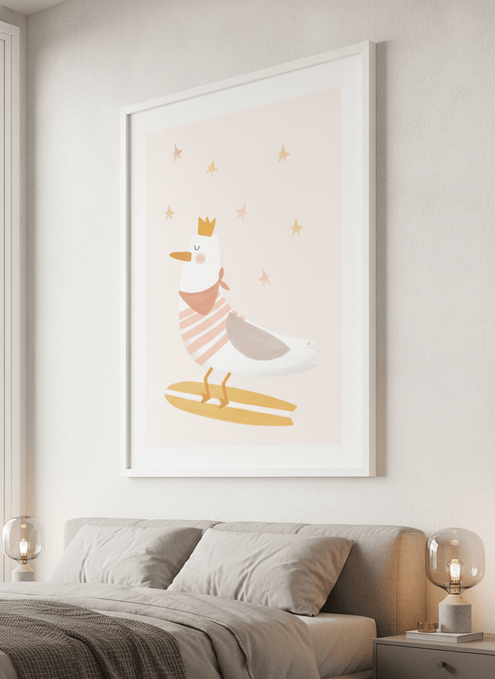 Minimalist artwork displayed in a calm, light-filled bedroom interior