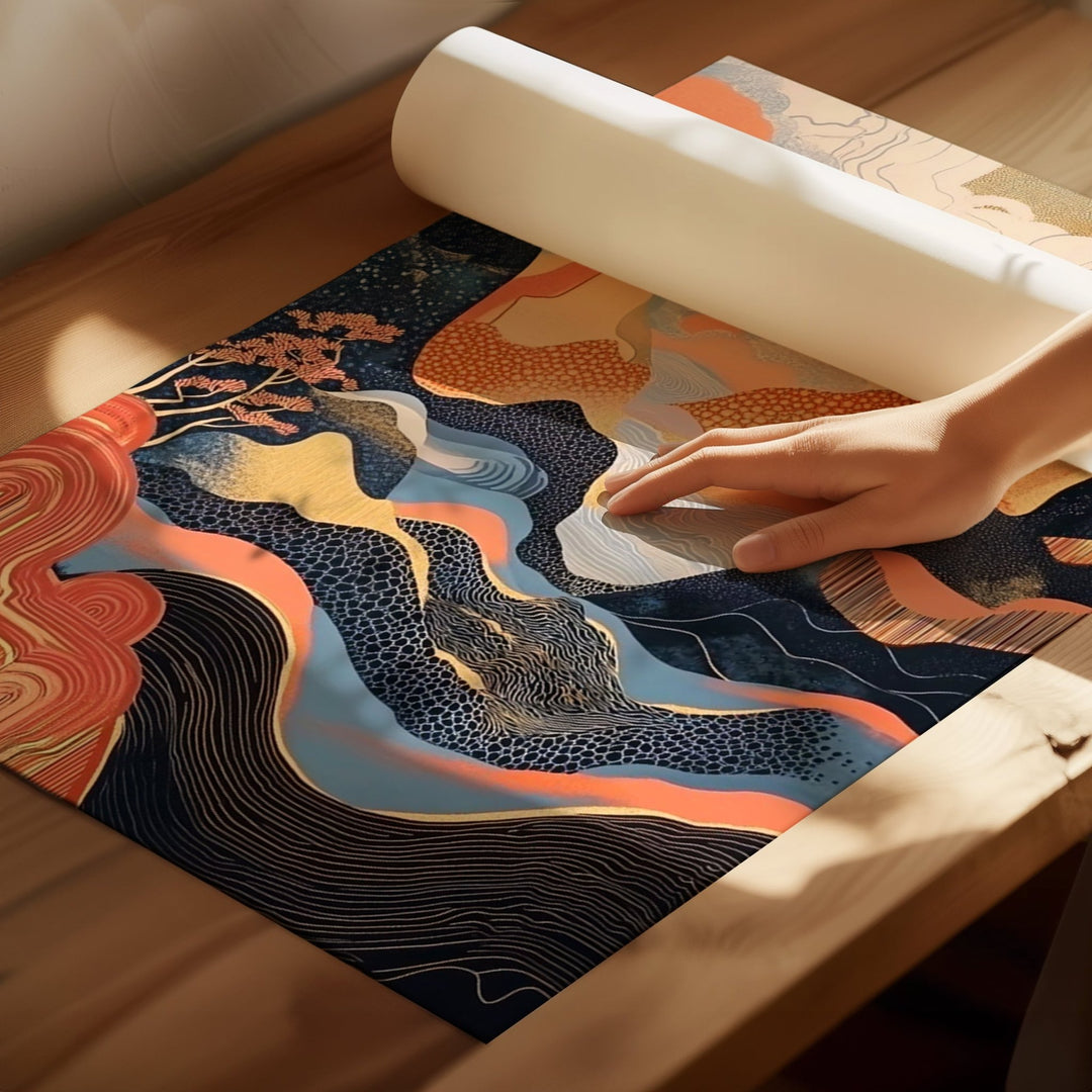 Surreal Japanese Dreams Set of 3 Abstract Prints,livingroom,timber border