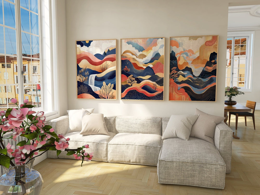 Surreal Japanese Dreams Set of 3 Abstract Prints,livingroom,timber border