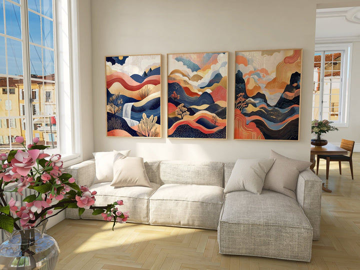 Surreal Japanese Dreams Set of 3 Abstract Prints,livingroom,timber border