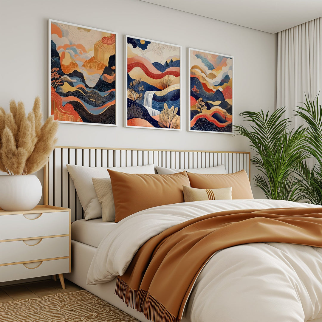 Surreal Japanese Dreams Set of 3 Abstract Prints,livingroom,timber border