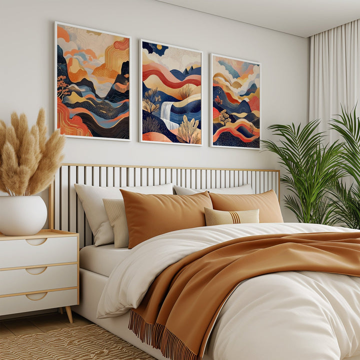 Surreal Japanese Dreams Set of 3 Abstract Prints,livingroom,timber border