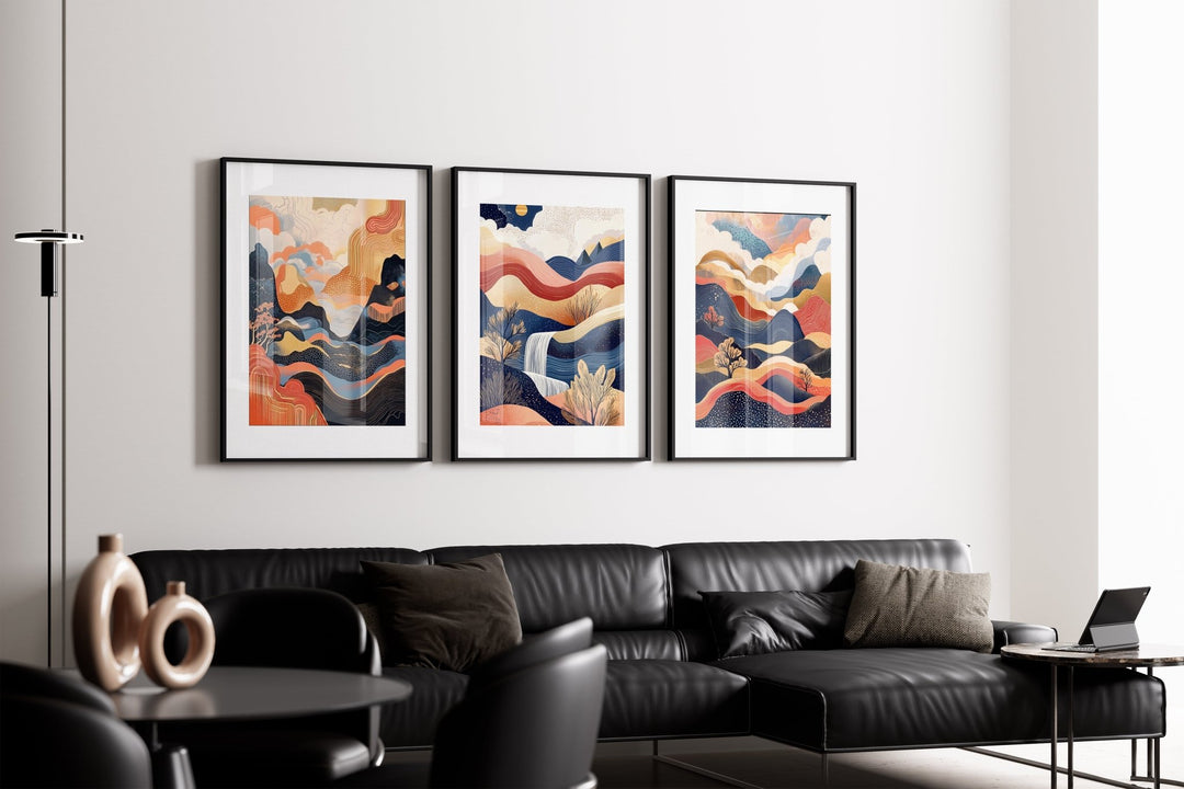 Surreal Japanese Dreams Set of 3 Abstract Prints,livingroom,timber border