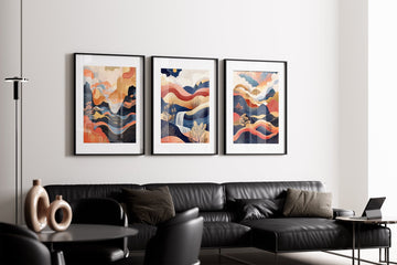 Surreal Japanese Dreams Set of 3 Abstract Prints,livingroom,timber border