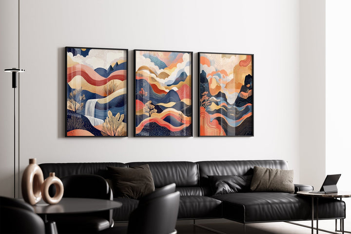 Surreal Japanese Dreams Set of 3 Abstract Prints,livingroom,timber border