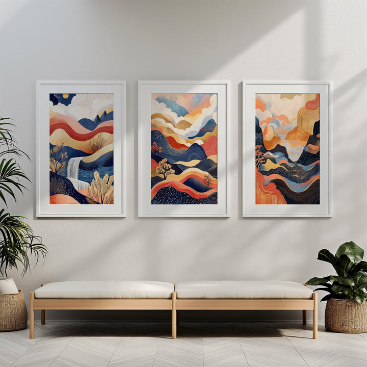 Surreal Japanese Dreams Set of 3 Abstract Prints,livingroom,timber border