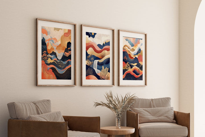 Surreal Japanese Dreams Set of 3 Abstract Prints,livingroom,timber border