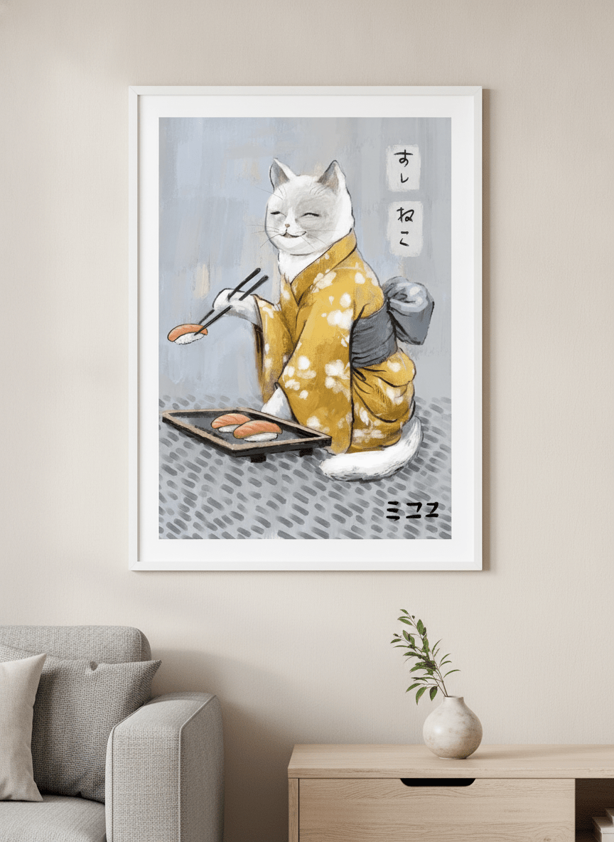 Modern wall art styled above a sofa in a neutral living room
