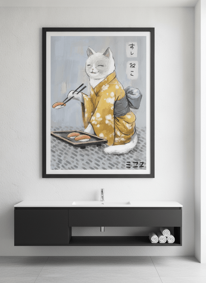 Modern print displayed in a clean minimalist bathroom setting