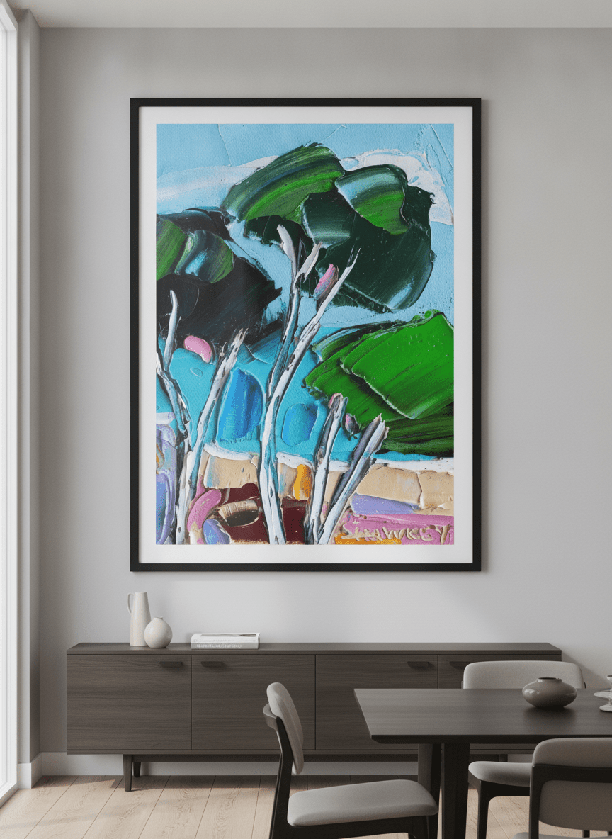 Wall art styled above a dining table in a contemporary home