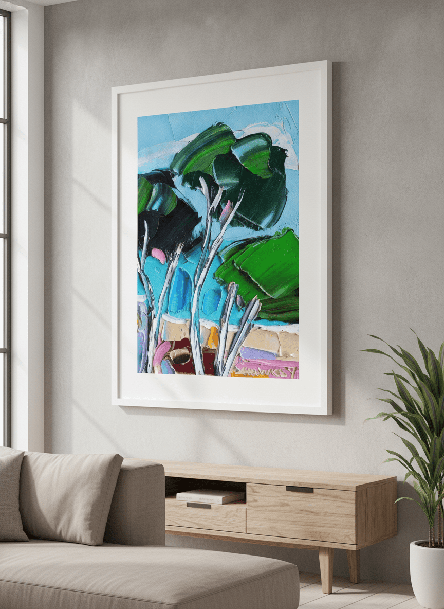Modern wall art styled above a sofa in a neutral living room