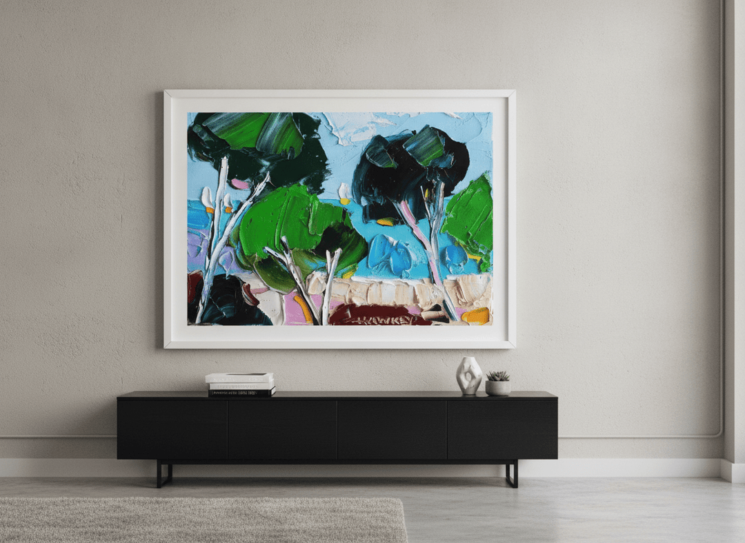 Monumental artwork centred on a feature wall in a luxe interior
