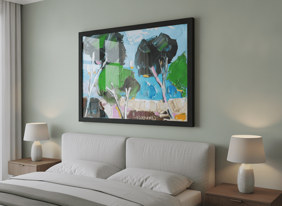 Minimalist artwork displayed in a calm, light-filled bedroom interior