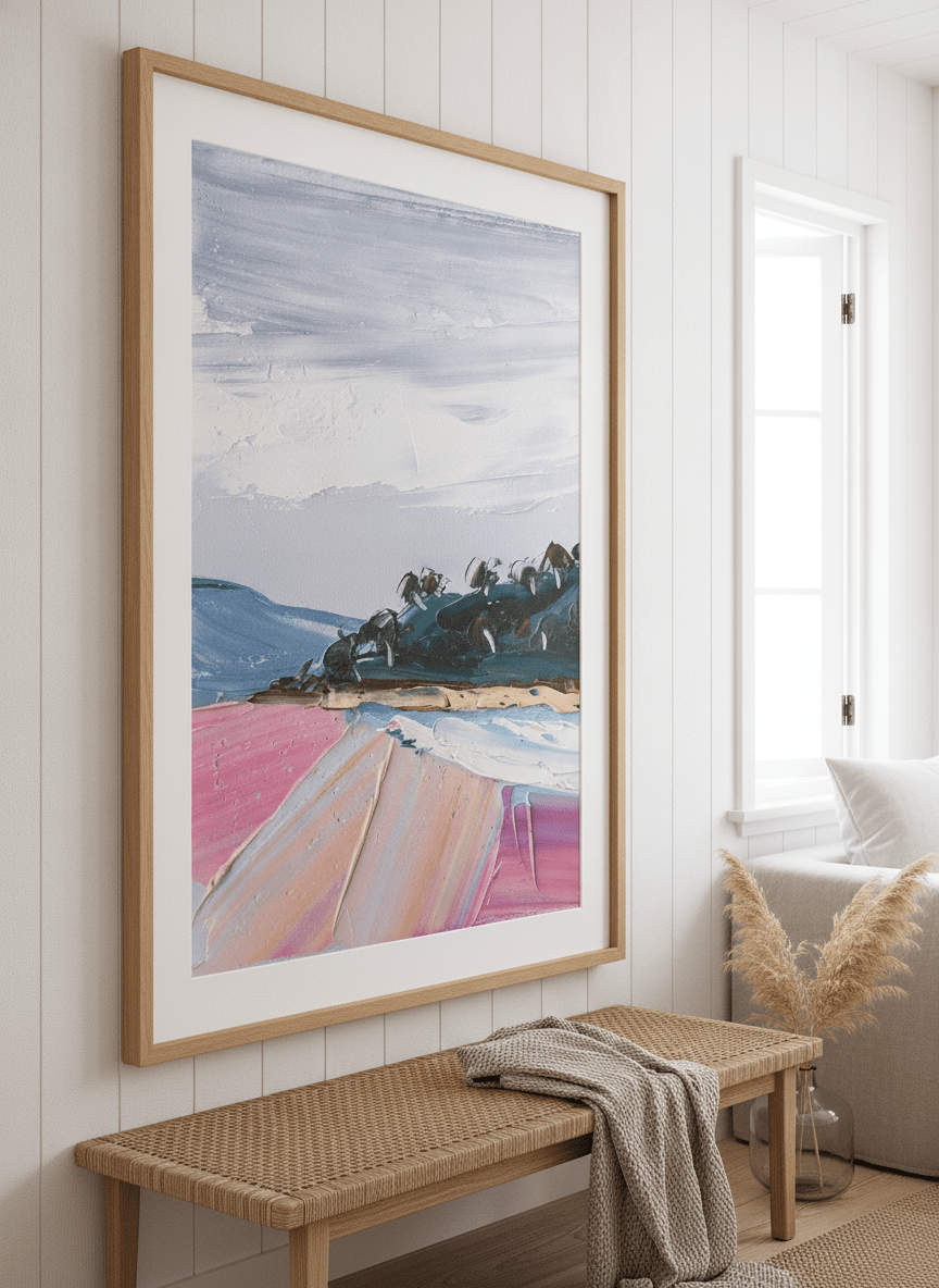 Neutral wall art displayed in a sunny coastal beach house