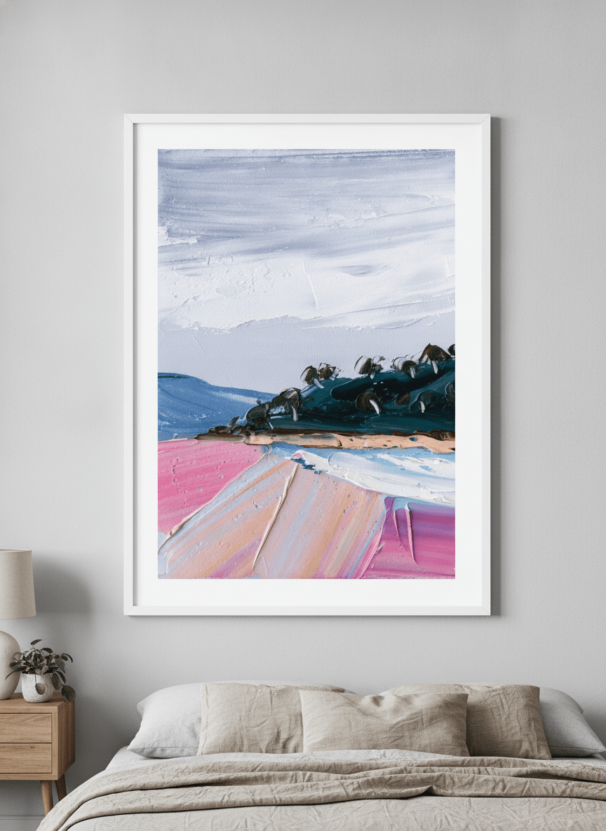Minimalist artwork displayed in a calm, light-filled bedroom interior
