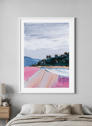 Minimalist artwork displayed in a calm, light-filled bedroom interior